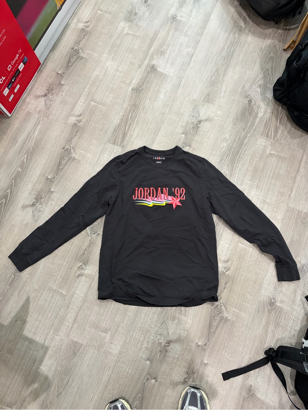 Jordan Black Long-Sleeve '92 Graphic Tee with Red and Neon Yellow Accents
